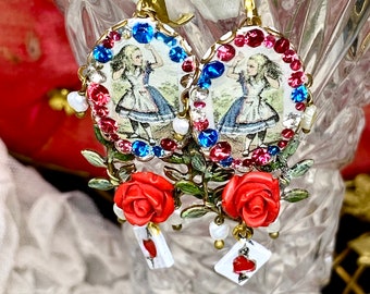 Lilygrace Earrings Alice with Pack of Cards, Poly Clay, Vintage Rhinestones, Cinnebar Rose and Freshwater Pearls