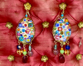 Lilygrace Earrings, Klimt Hand Painted Gold Leaf, Turquoise, Rhinestones & Vintage Glass Beads