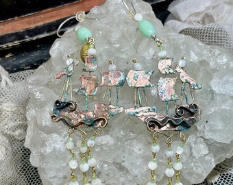 Lilygrace Earrings Handmade Handcut Copper & Brass Pirate Galleon with Sterling Silver Wires, Mother of Pearl, Jade and Vintage Glass Beads