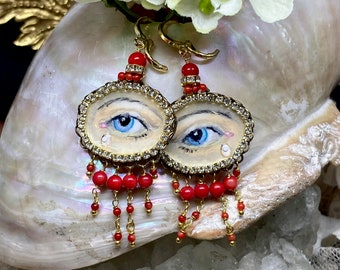 Lilygrace Earrings Hand Painted Lover's Eye and Tears with Vintage Rhinestones, and Vintage Coral Beads