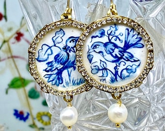 Lilygrace Earrings Handpainted Blue and White 18th Century Delft China with Freshwater Pearls and Vintage Rhinestones