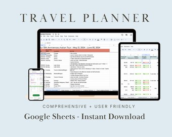 May include: A digital image showing a Google Sheets spreadsheet with the title "Our 10th Anniversary Italian Tour - May 21, 2024 - June 05, 2024". The spreadsheet is displayed on a laptop, tablet, and smartphone. The text "COMPREHENSIVE + USER FRIENDLY" and "Google Sheets - Instant Download" is displayed below the image.