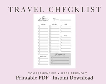 Travel Packing List, Travel Checklist Printable, Travel Planner, Travel Organizer, Travel Vacation Planner, Packing List for Women