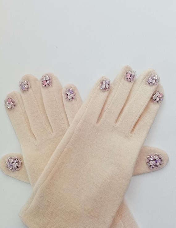 Handmade Crystal Beaded Cashmere Gloves, Elegant Winter Nail Gloves