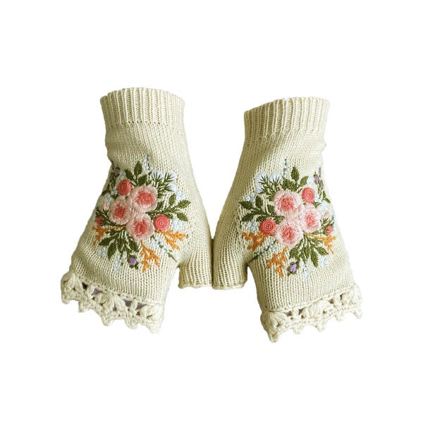 Guantes de punto bordados con flores, guantes vintage sin dedos