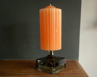 Dansk Green Glass Square Pillar Candle Holder with ORIGINAL Orange Candle - Jens Quistaard  - Mid Century Modern - Danish Design - Rare