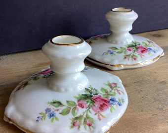 Royal Albert Candlesticks - Moss Rose Pattern - Candle Holders - Set of 2 - Bone China - England - Flowers - Gold Trim