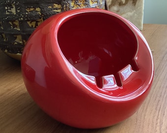 Red Ceramic Ashtray - Sphere Shaped - Ball - Red Orb - Vintage Mid Century Decor - Groovy Ashtray