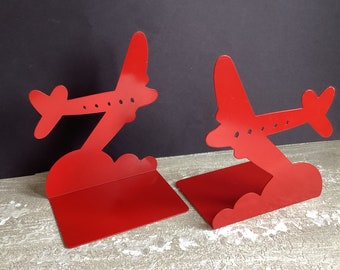 Red Airplane Metal Bookends Set of 2 - Moxie Brand - Randall Schwartz - Vintage 1970's -Children's Room - Library - Airplane Bookends