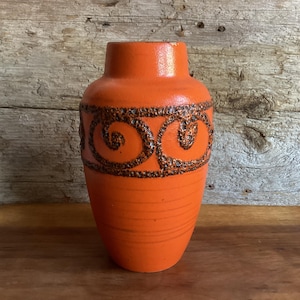 West Germany Fat Lava Vase - Orange with Swirls - German Ceramic Vase - Scheurich