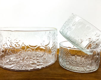 Iittala FLORA Glass Bowls - Oiva Toikka - Set 3 Glass Bowls - 1 Large Bowl 7.5'' and 2 Small Bowls 4.5" - Mid-Century Modern 1960s Vintage