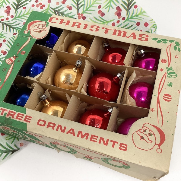 Christmas Glass Ornaments in Original Box - Dozen - Set of 12 - Red Blue Pink and Gold - Vintage Baubles - Multicolor