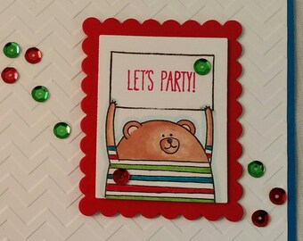 Teddy Bear Let's Party Birthday Celebration Card with Sequins