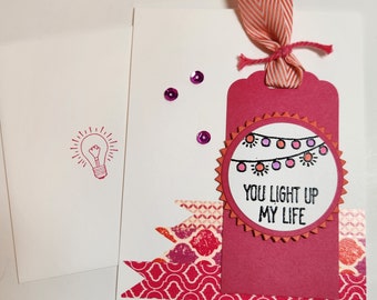 Hot Pink You Light Up My Life Card with Washi Tape, Chevron Ribbon and Sequins