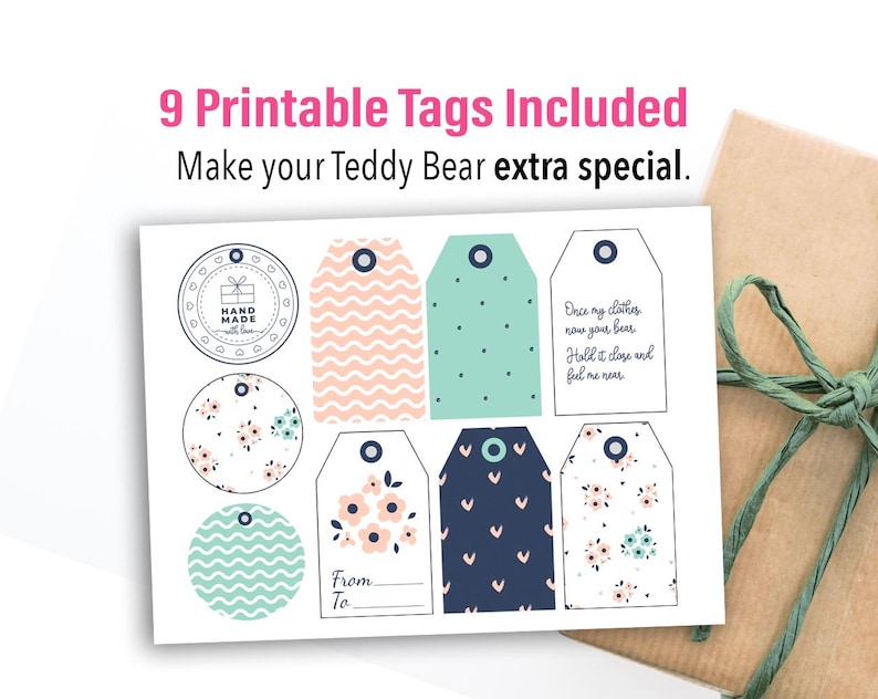 Peut inclure: Une feuille de neuf &eacute;tiquettes imprimables avec divers motifs, notamment des motifs floraux, des pois et une illustration de bo&icirc;te cadeau. Le texte "9 Printable Tags Included" et "Make your Teddy Bear extra special" est affich&eacute; en rose.
