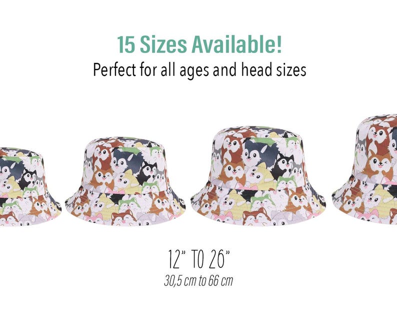 May include: Three different sizes of white bucket hats with a colorful cartoon dog print. The hats are available in 15 sizes from 12 inches to 26 inches, or 30.5 centimeters to 66 centimeters.