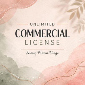 Peut inclure: Graphique numérique avec un fond aquarelle beige, rose et vert. Le texte indique "UNLIMITED COMMERCIAL LICENSE" au-dessus de "Sewing Pattern Usage". Des lignes décoratives et des ombres de feuilles complètent le design.