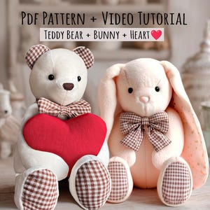 Memory Bear and Bunny + Heart + Bow Sewing Tutorial - Teddy bear sewing pattern, stuff animal sewing, Sentimental Gift Idea