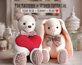 Memory Bear and Bunny + Heart + Bow Sewing Tutorial - Teddy bear sewing pattern, stuff animal sewing, Sentimental Gift Idea