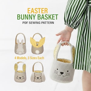 Peut inclure: Patron de couture PDF de panier de lapin de Pâques. L'image présente quatre modèles de paniers de lapin, chacun en trois tailles. Les paniers sont de couleurs neutres avec des caractéristiques de lapin. Un panier est tenu par une personne portant une robe à rayures vertes et blanches.