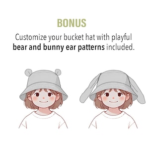 May include: Two illustrations of a person wearing a gray bucket hat. The hat on the left has bear ears and the hat on the right has bunny ears.