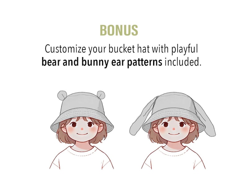 May include: Two illustrations of a person wearing a gray bucket hat. The hat on the left has bear ears and the hat on the right has bunny ears.
