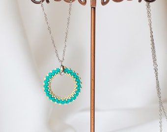 Colgante de cuentas de turquesa, cadena de acero inoxidable, caja de regalo