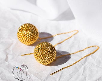 Pendientes de bolitas de cuentas de semillas de oro: joyería de enhebrado con colgantes largos