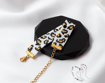 Pulsera de cuentas con estampado de leopardo: joyería ajustable hecha a mano