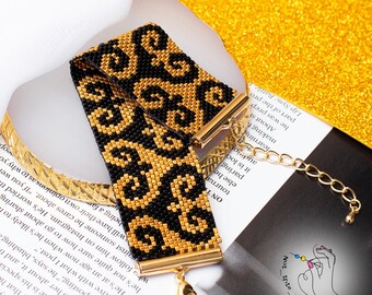 Pulsera de cuentas de semillas doradas y negras: joyería ajustable hecha a mano