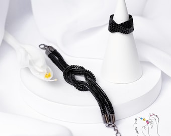 Pulsera con nudo de cuentas negras: Joyería ajustable de acero inoxidable