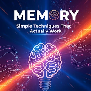 Puede incluir: Una portada de guía digital titulada MEMORY Simple Techniques That Actually Work. El diseño presenta el contorno de neón brillante de un cerebro humano con forma de bombilla sobre un fondo azul oscuro con rayas de luz naranja y puntos.