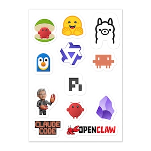 Könnte beinhalten: Ein Bogen mit Aufklebern mit verschiedenen bunten Designs. Dazu gehören ein lächelnder Emoji, ein Pinguin, ein Lama, ein rotes Wesen, ein lila Kristall und die Texte "CLAUDE CODE" und "OPENCLAW".