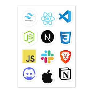 May include: A sheet of stickers featuring various tech logos, including Tailwind CSS, React, and Visual Studio Code. Other stickers include JavaScript, Notion, and Discord. The stickers are colorful and have a white border.
