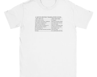 British Translation Guide T-Shirt, Sarcastic Humor Tee, UK Slang Infographic