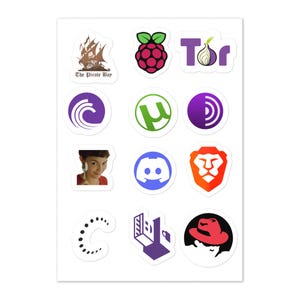 May include: A sheet of stickers with diverse designs. Includes a pirate ship, a raspberry, the Tor onion logo, a purple wave, a green "u" symbol, a purple onion, a woman, a Discord logo, a lion, a dotted "C", a laptop, and a man in a hat.