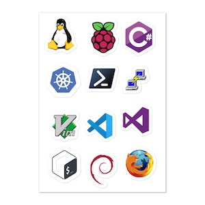 May include: A sheet of stickers featuring various software and technology logos. Includes a penguin, raspberry, C#, Kubernetes, terminal, and other icons in vibrant colors. Ideal for tech enthusiasts and developers.