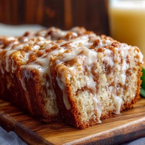 May include: A loaf of cinnamon swirl bread with a white glaze, sitting on a wooden cutting board. The bread has a golden-brown crust and a soft, textured interior. A glass of yellow liquid is in the background.