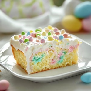 Puede incluir: Una porción de pastel colorido sobre un plato blanco. El pastel tiene una base amarilla con capas en tonos pastel rosa, azul y verde. Está cubierto con glaseado blanco y chispas de caramelo coloridas, ideal para una celebración.