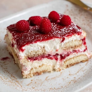 Puede incluir: Una porción de tiramisú de frambuesa en un plato rectangular blanco. El postre presenta capas de bizcochos de soletilla, un relleno cremoso blanco y una cobertura de frambuesa roja vibrante, adornada con frambuesas frescas y azúcar en polvo.
