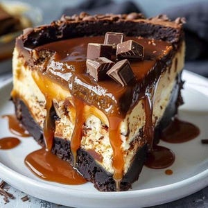 May include: A slice of decadent chocolate caramel cheesecake on a white plate. The dessert features a dark chocolate brownie base, a creamy cheesecake layer, and a rich caramel topping. Chocolate chunks adorn the top, with caramel sauce dripping down the sides.