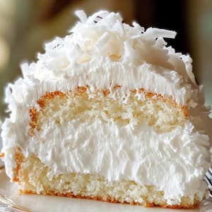 Puede incluir: Una porción de pastel de coco con glaseado blanco y cobertura de coco rallado. El pastel tiene una textura ligera y esponjosa y se sirve en un plato decorativo. El pastel es un postre.