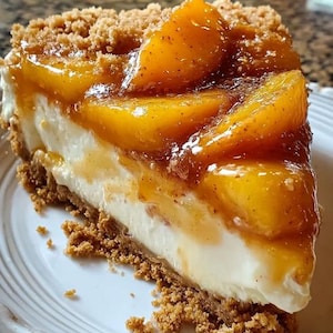 Puede incluir: Una porción de tarta de queso con melocotón sobre un plato blanco. El postre presenta una base de galleta Graham, un relleno blanco cremoso y una cobertura de rodajas de melocotón glaseadas y migas.
