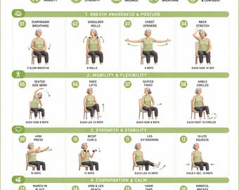Tai Chi for Seniors Printable Chart, 20 Gentle Walking Tai Chi instant download | printable workout