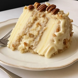 May include: A slice of cake with layers of light-colored cake and creamy filling, topped with a white frosting and pecans. The cake sits on a white plate with a silver fork. The cake has a rustic, homemade appearance.