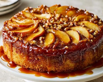 Op de afbeelding: Een ronde appeltaart met een karamelglazuur, plakjes appels en gehakte noten. De taart staat op een witte taartstandaard. Karamel saus druipt langs de zijkanten van de taart. De taart heeft een goudbruine kleur.