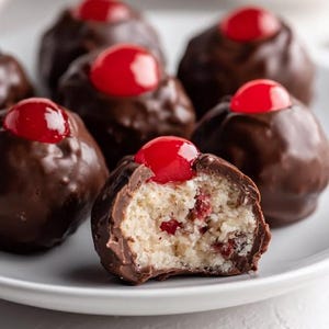 May include: Close-up of chocolate-covered confections topped with bright red cherries. One confection is cut open, revealing a white interior with red cherry pieces. The treats are arranged on a white plate, offering a tempting dessert presentation.