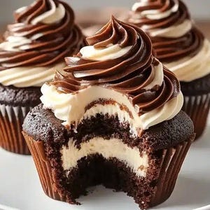 May include: Three chocolate cupcakes with white and brown frosting. One cupcake has a bite taken out, revealing a white cream filling between layers of dark chocolate cake. The cupcakes sit on a white plate.