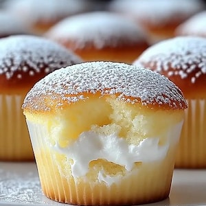 以下が含まれることがあります： 白いフィリングが入ったカップケーキのクローズアップ。粉砂糖をまぶしてあります。カップケーキは白い紙のライナーに入っており、他のカップケーキは背景がぼやけています。焼き菓子は白いお皿の上にあります。