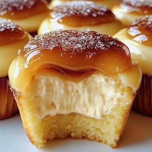 May include: Close-up of a cupcake with a bite taken out, revealing a creamy filling. The cupcake has a golden-brown exterior and is topped with a glossy caramel glaze and sparkling sugar crystals. Other cupcakes are visible in the background.